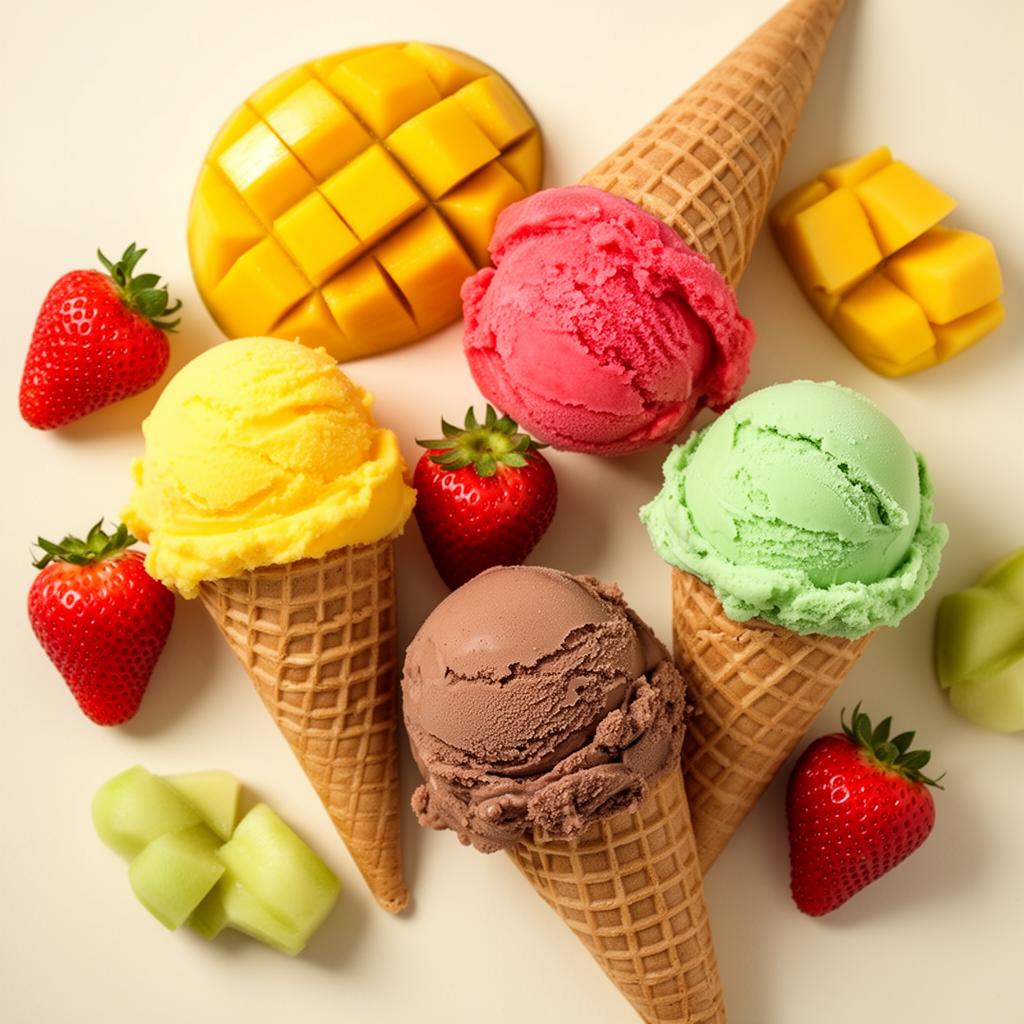 Colorful scoops of artisanal Mexican ice cream with fresh fruit